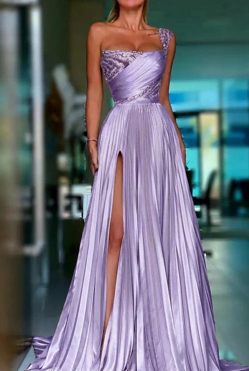 Lavender one shoulder sequin A-line prom dress