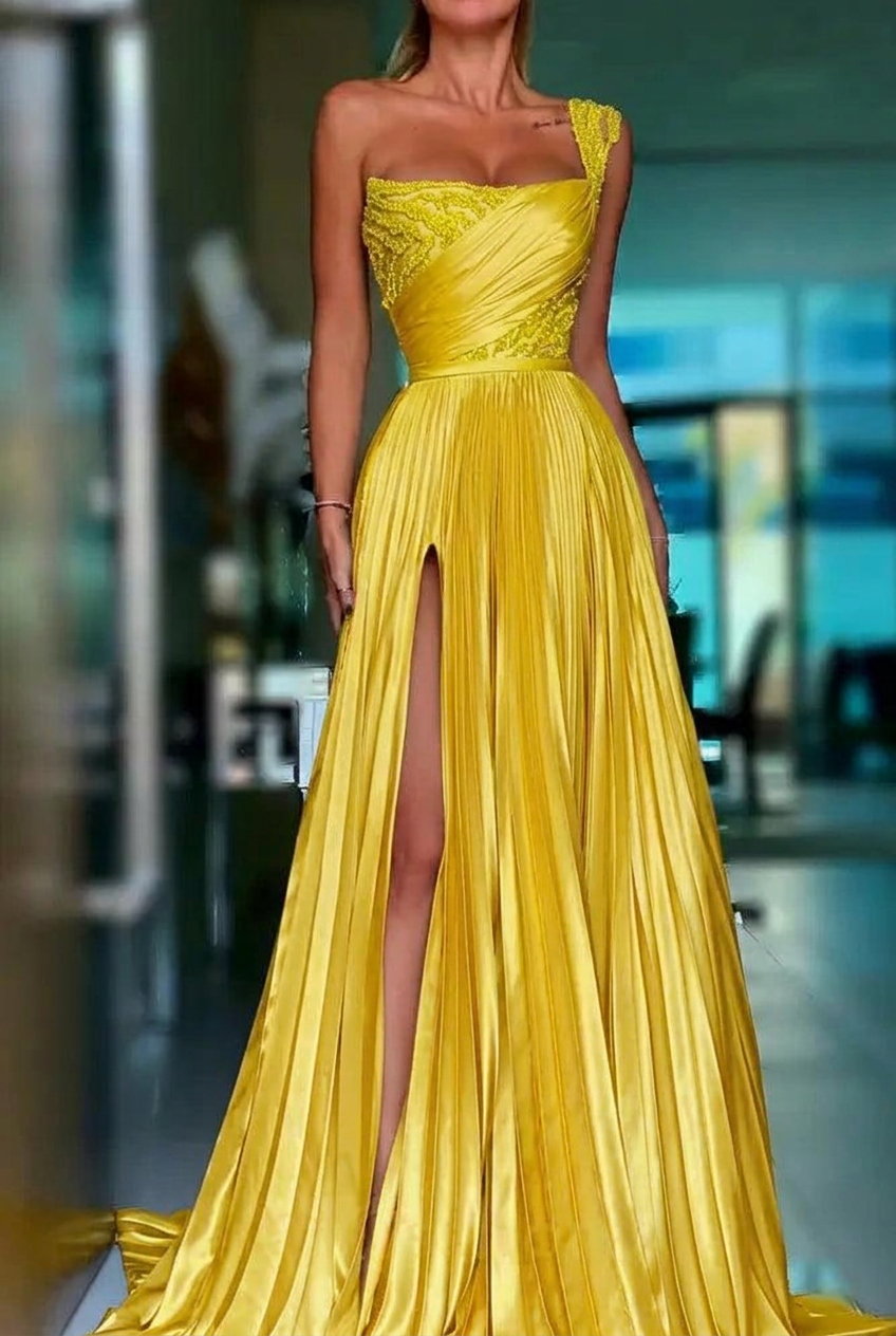 Yellow one shoulder sequin A-line prom dress