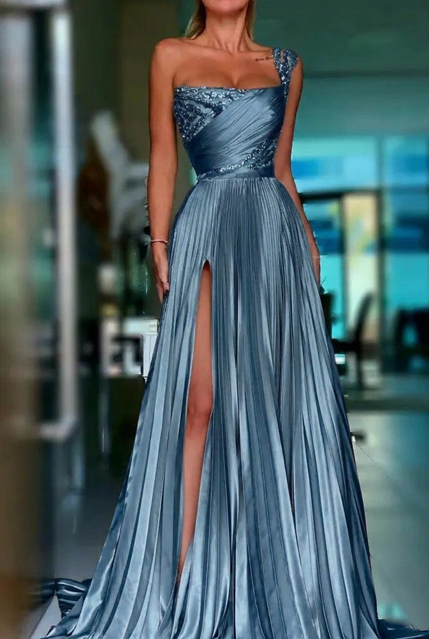 Dusty blue one shoulder sequin A-line prom dress