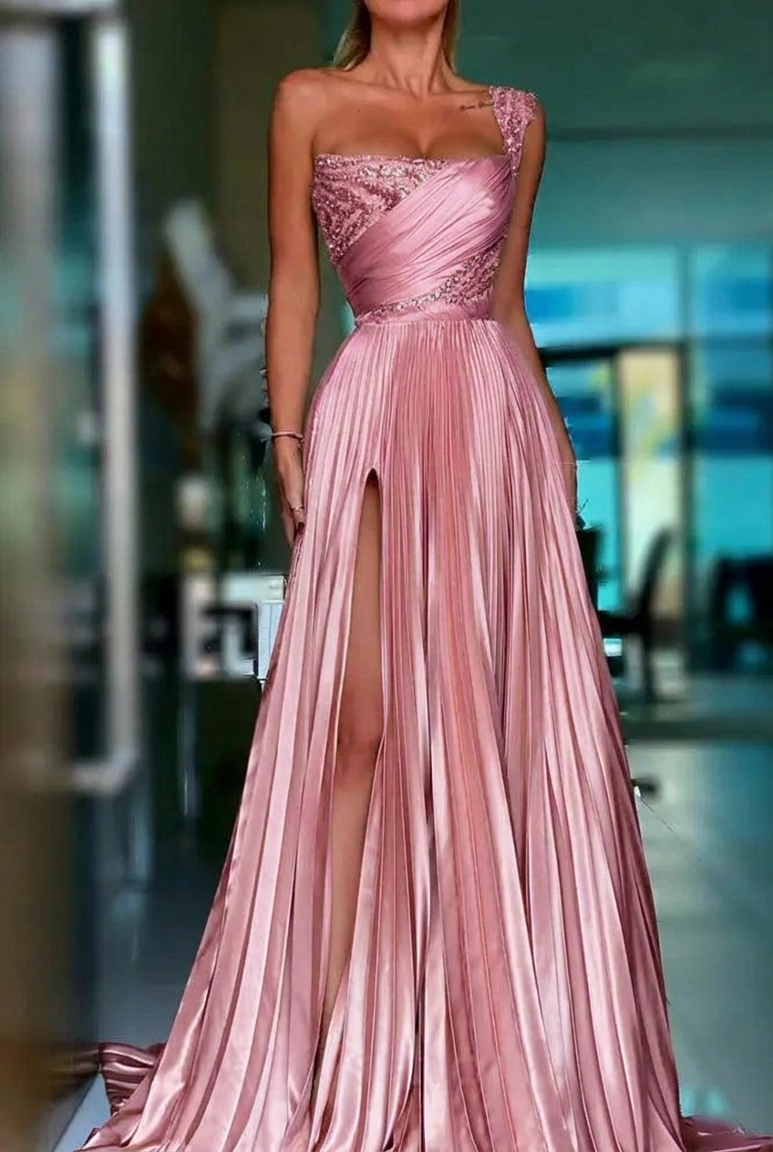 Candy pink one shoulder sequin A-line prom dress