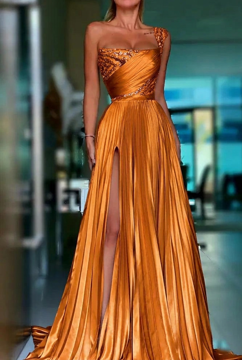 Orange one shoulder sequin A-line prom dress
