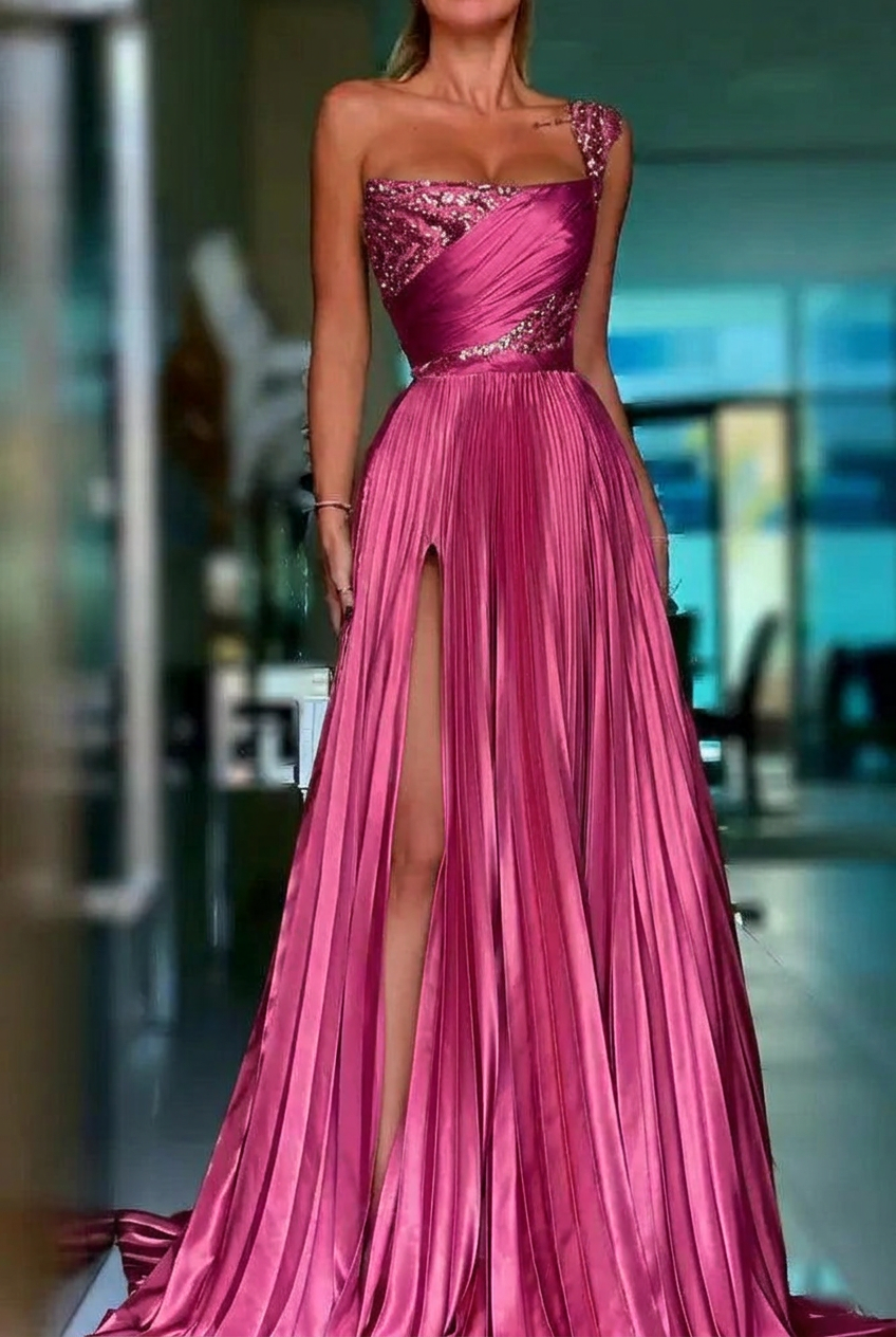 Fuchsia one shoulder sequin A-line prom dress
