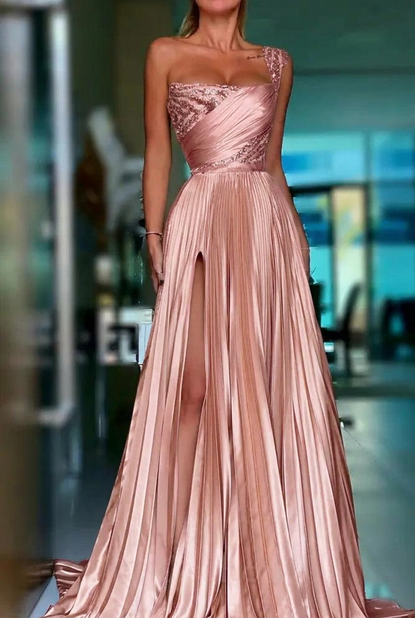 Blushing pink one shoulder sequin A-line prom dress