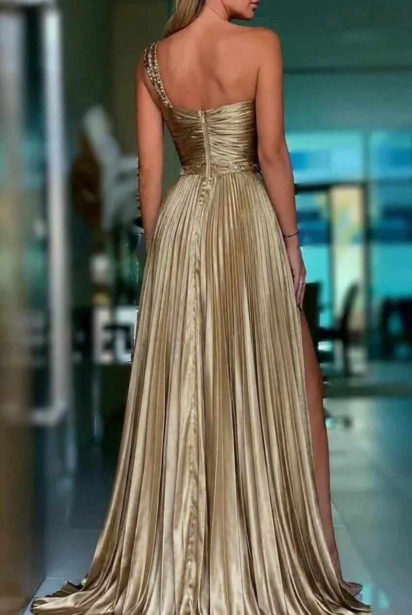 Gold one shoulder sequin A-line prom dress