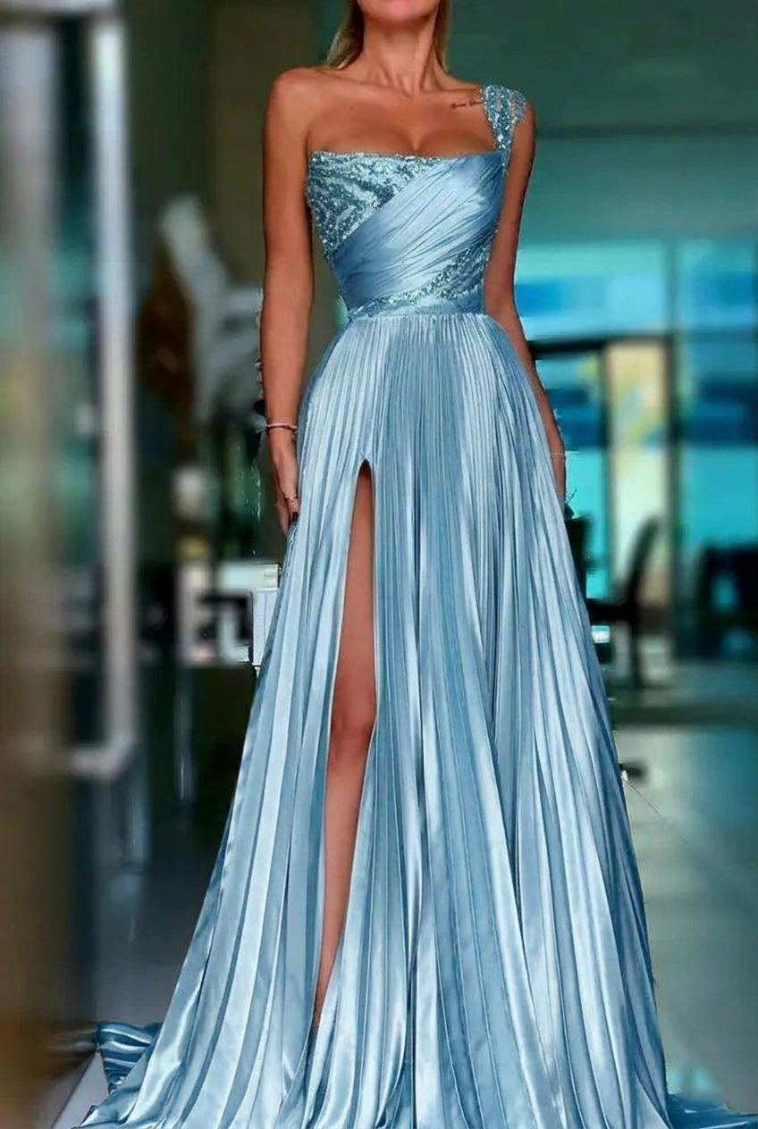 Light blue one shoulder sequin A-line prom dress