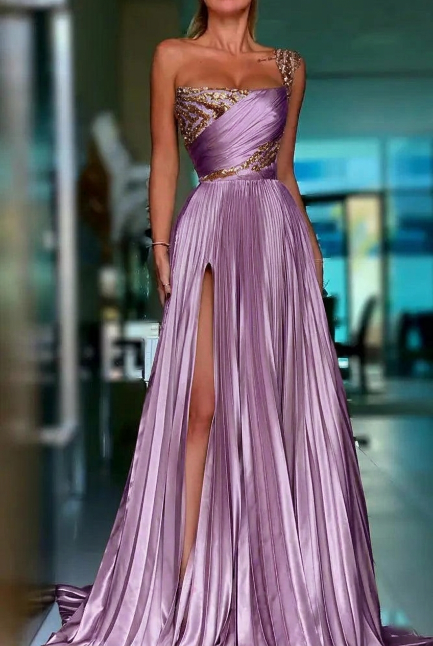 Lilac one shoulder sequin A-line prom dress