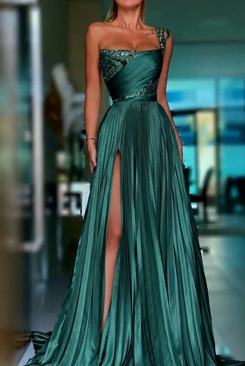 Dark green one shoulder sequin A-line prom dress
