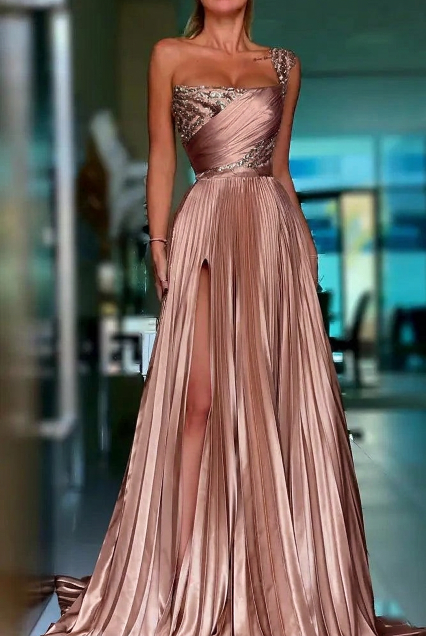 Dusty rose one shoulder sequin A-line prom dress