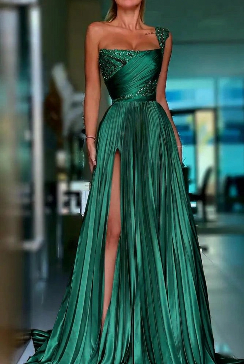 Emerald green one shoulder sequin A-line prom dress