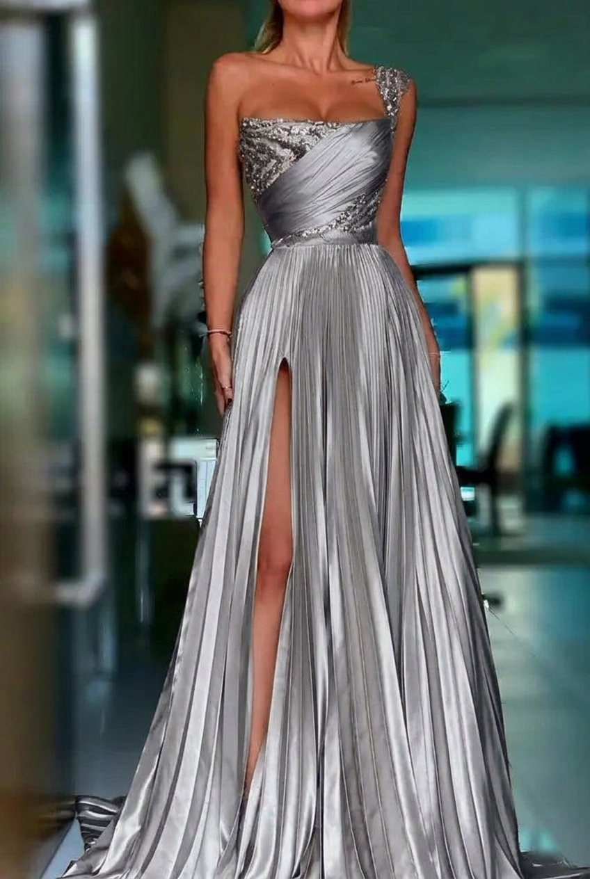 Silver one shoulder sequin A-line prom dress