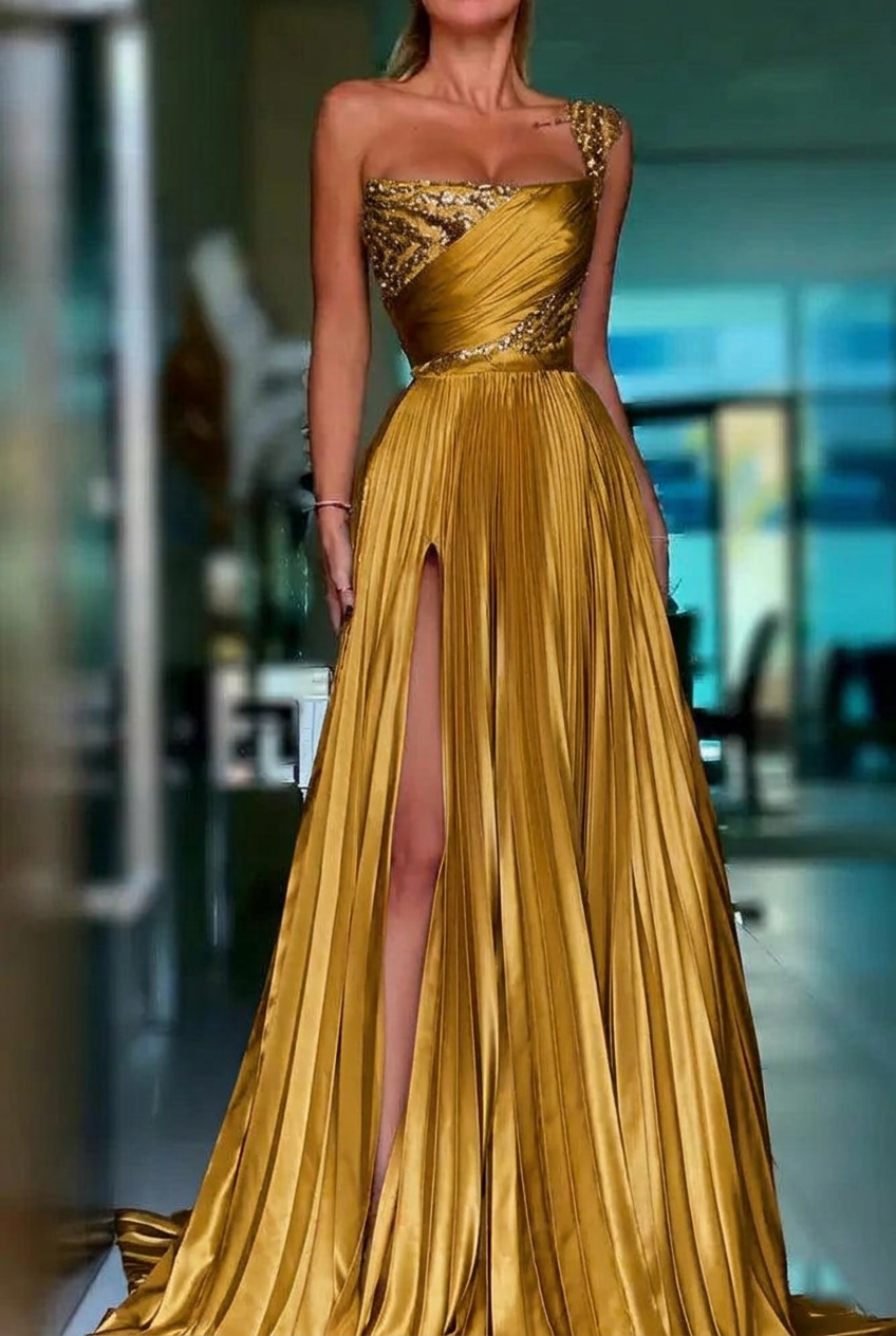 Gold one shoulder sequin A-line prom dress