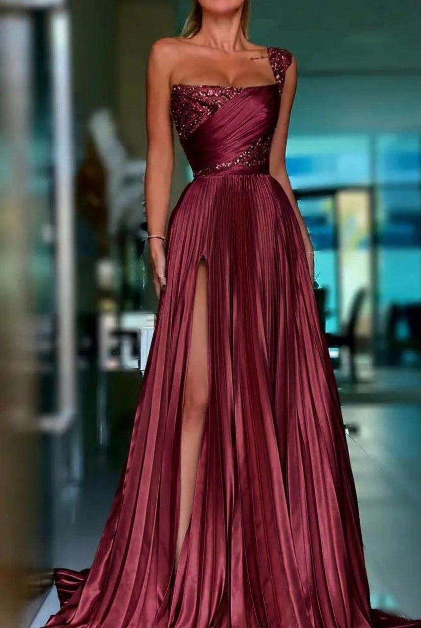 Burgundy one shoulder sequin A-line prom dress