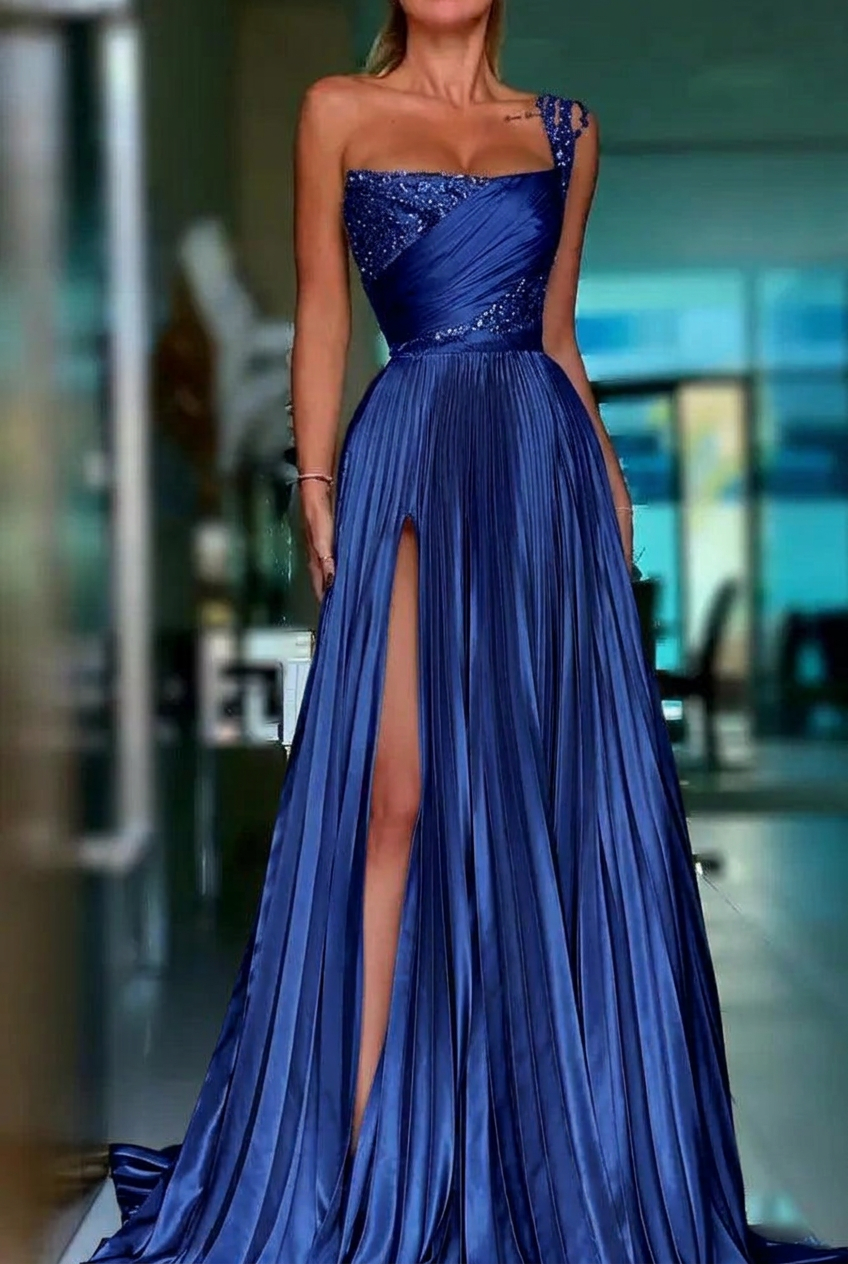 Royal blue one shoulder sequin A-line prom dress