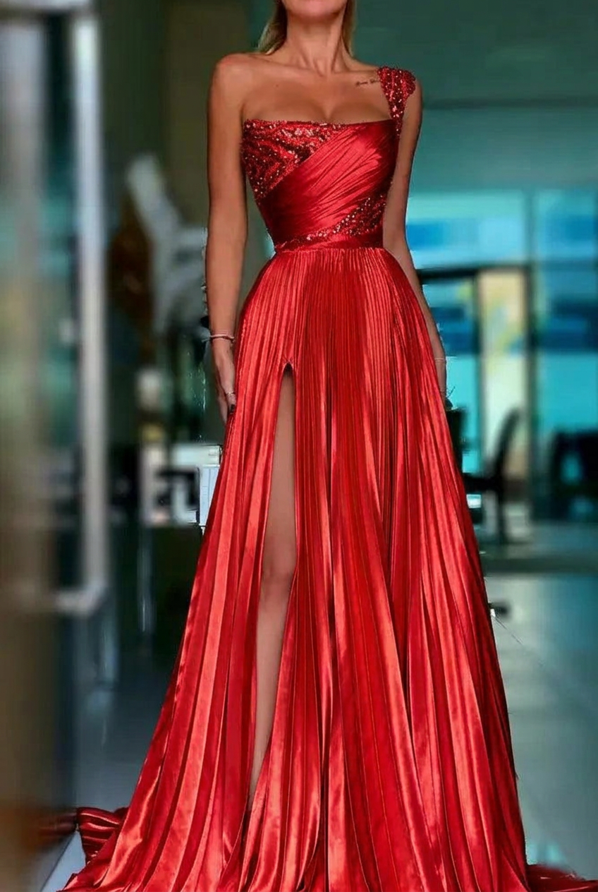 Red one shoulder sequin A-line prom dress