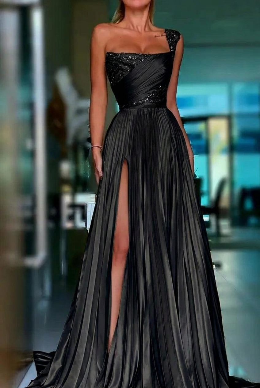 Black one shoulder sequin A-line prom dress