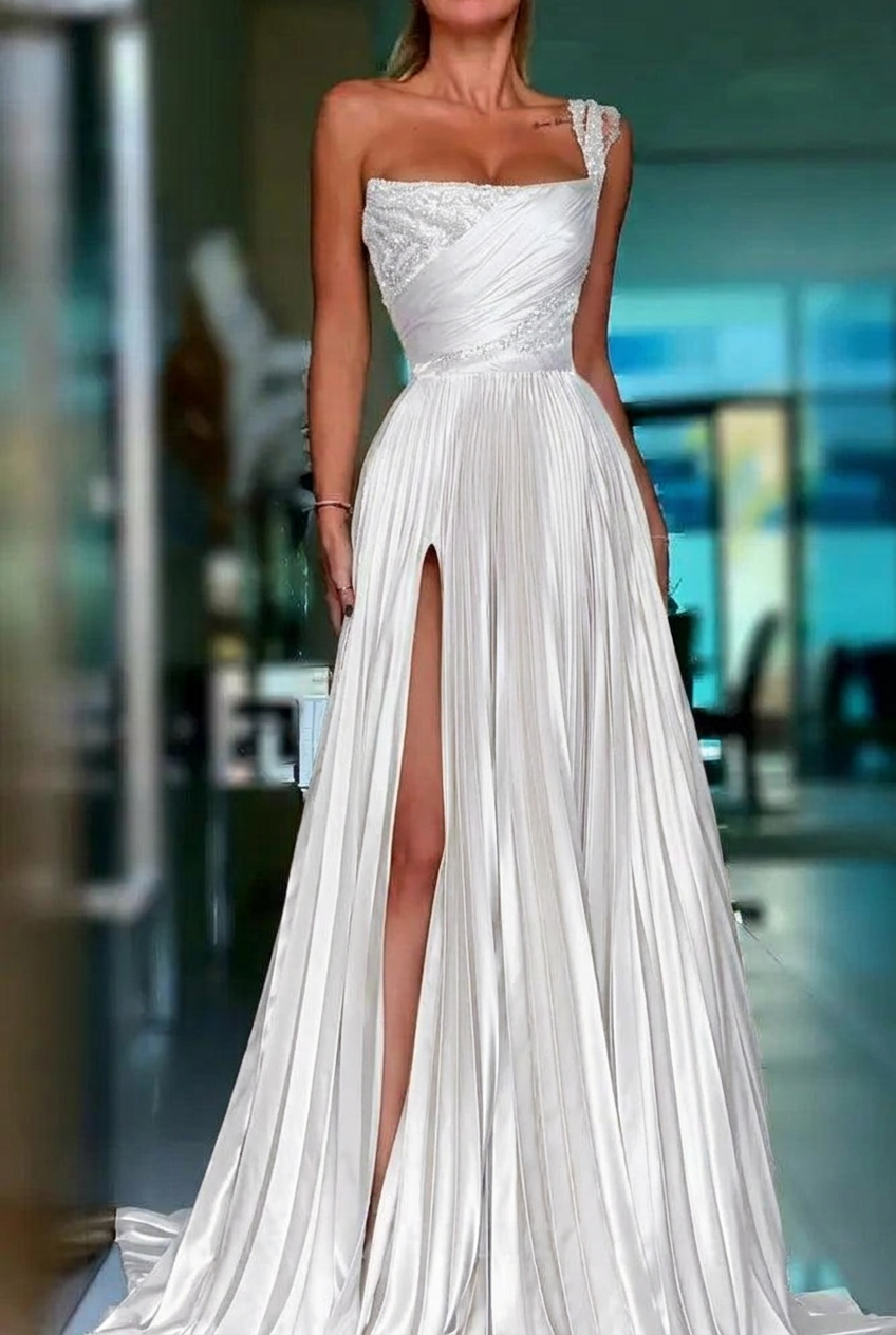 White one shoulder sequin A-line prom dress