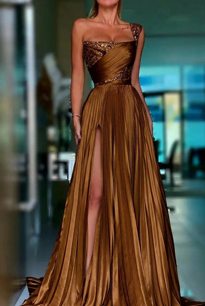 Chocolate one shoulder sequin A-line prom dress