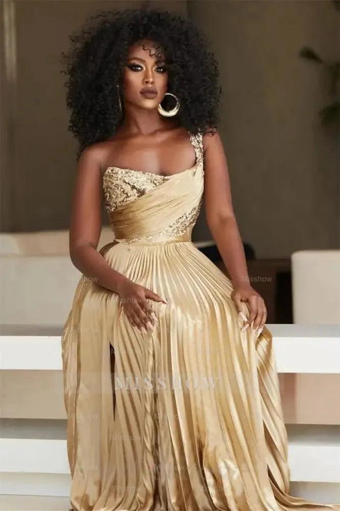 Gold one shoulder sequin A-line prom dress