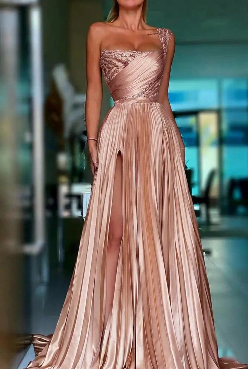 Pearl pink one shoulder sequin A-line prom dress