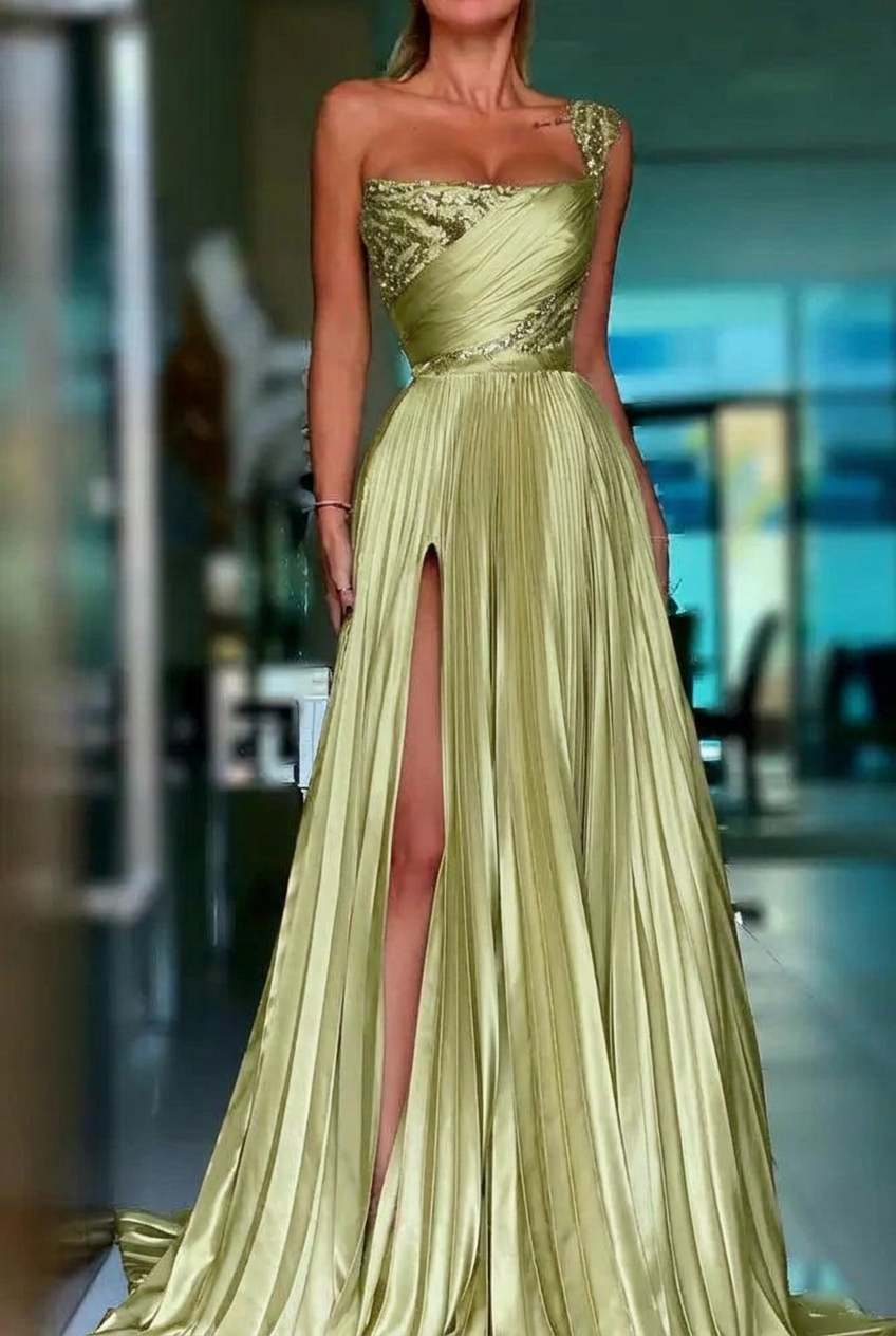 Sage one shoulder sequin A-line prom dress