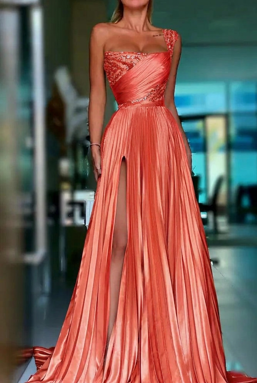 Coral one shoulder sequin A-line prom dress