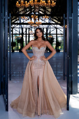 Designer Champagne Sleeveless Sweetheart Mermaid Prom Dress with Detachable Train