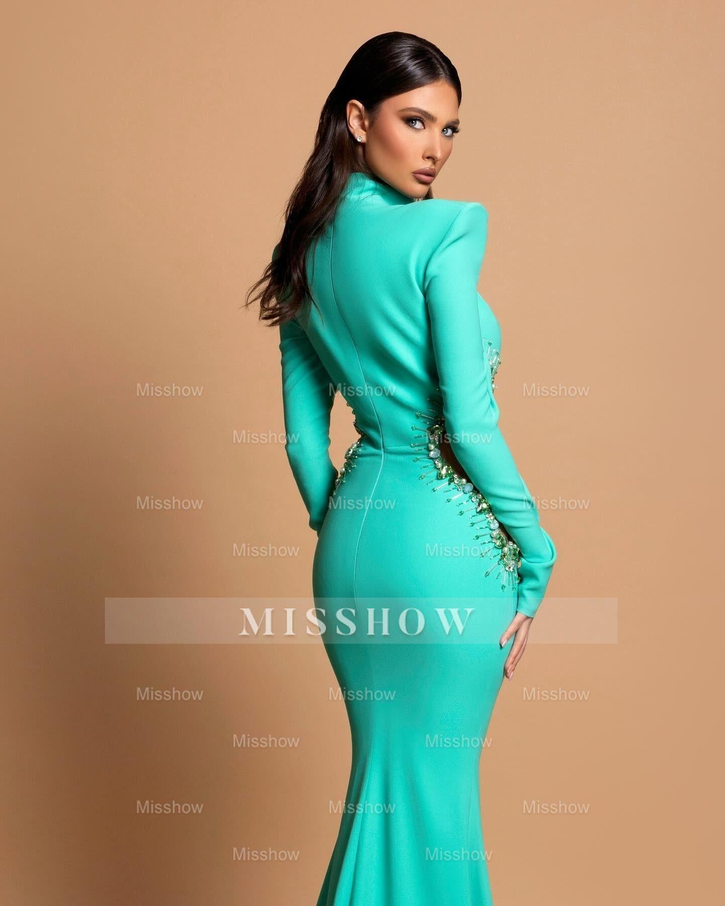 Designer Column High Neck Long Sleeve Beading Satin Prom Dress