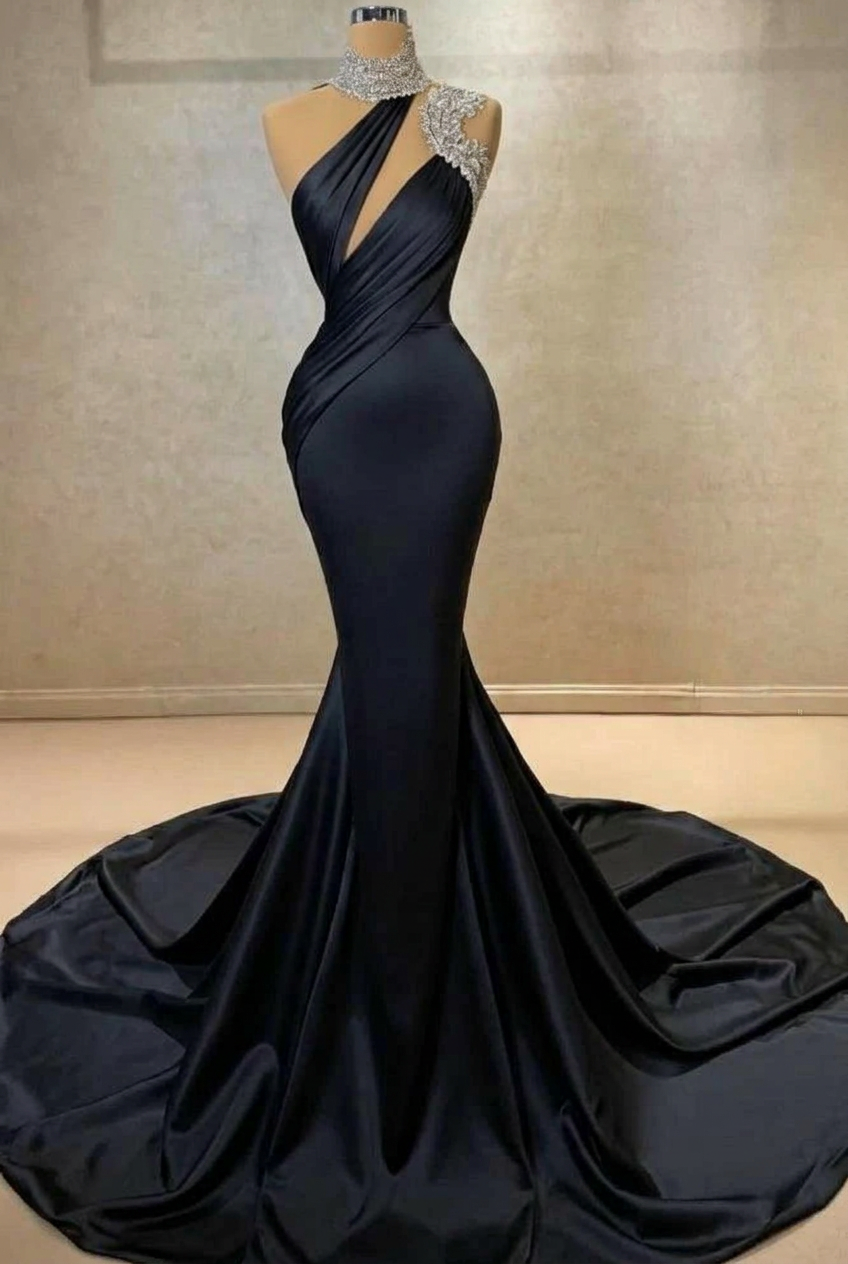 Black high neck ruffled column wedding dress