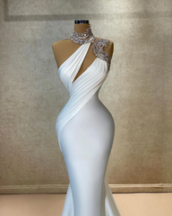 Designer Column Satin High Neck Sleeveless White Long Prom Dress With Ruffles