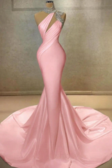 Blushing pink high neck ruffled column wedding dress
