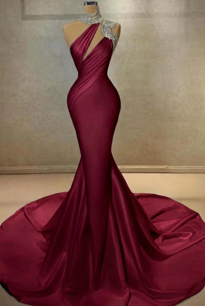 Burgundy high neck ruffled column wedding dress