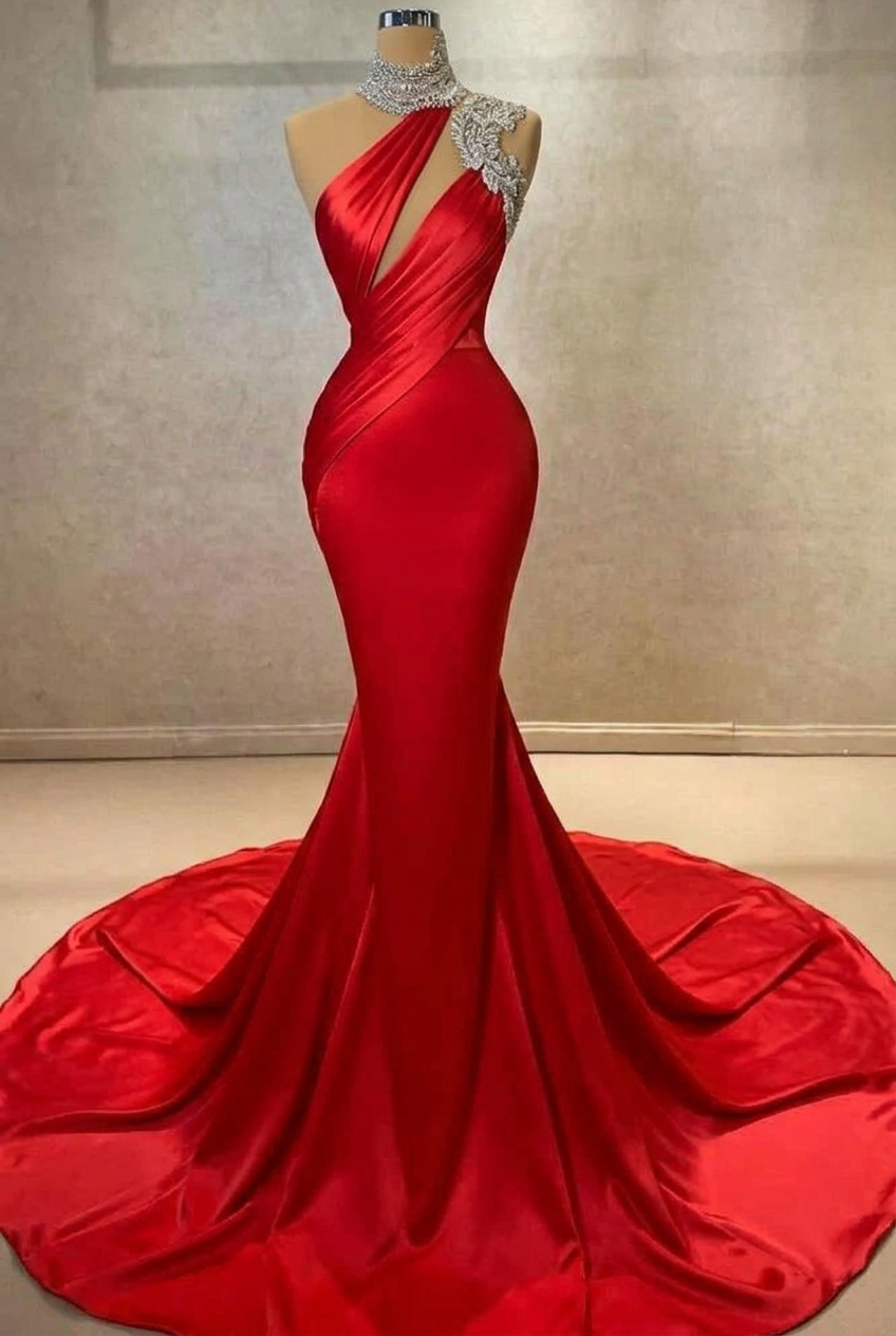 Red high neck ruffled column wedding dress