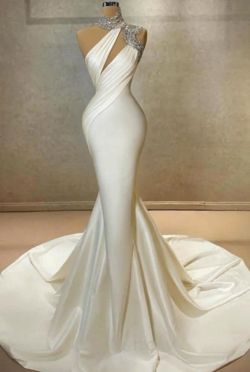 Ivory high neck ruffled column wedding dress