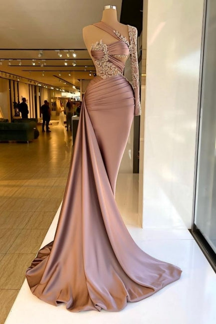 Designer Column Satin One Shoulder Long Sleeve Prom Evening Dresses With Ruffles