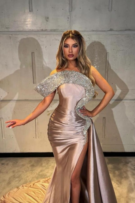 Designer Column Satin One Shoulder Sleeveless Prom Evening Dresses With Split Front
