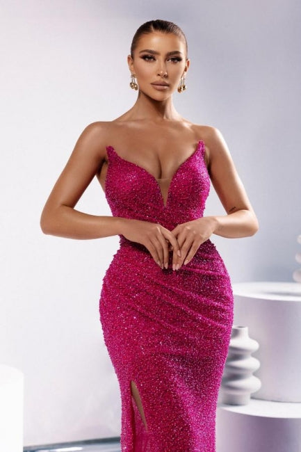 Designer Column Sequined V-Neck Sleeveless Prom Evening Dresses With Split Front