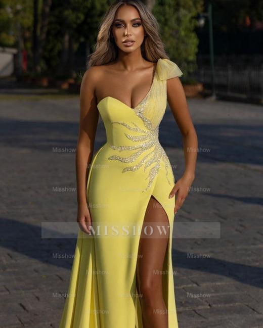 Designer Elegant Long Yellow Split Prom Evening Dresses with