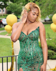 Designer Emerald Strapless V-neck Beaded Lace Prom Dress with Slit