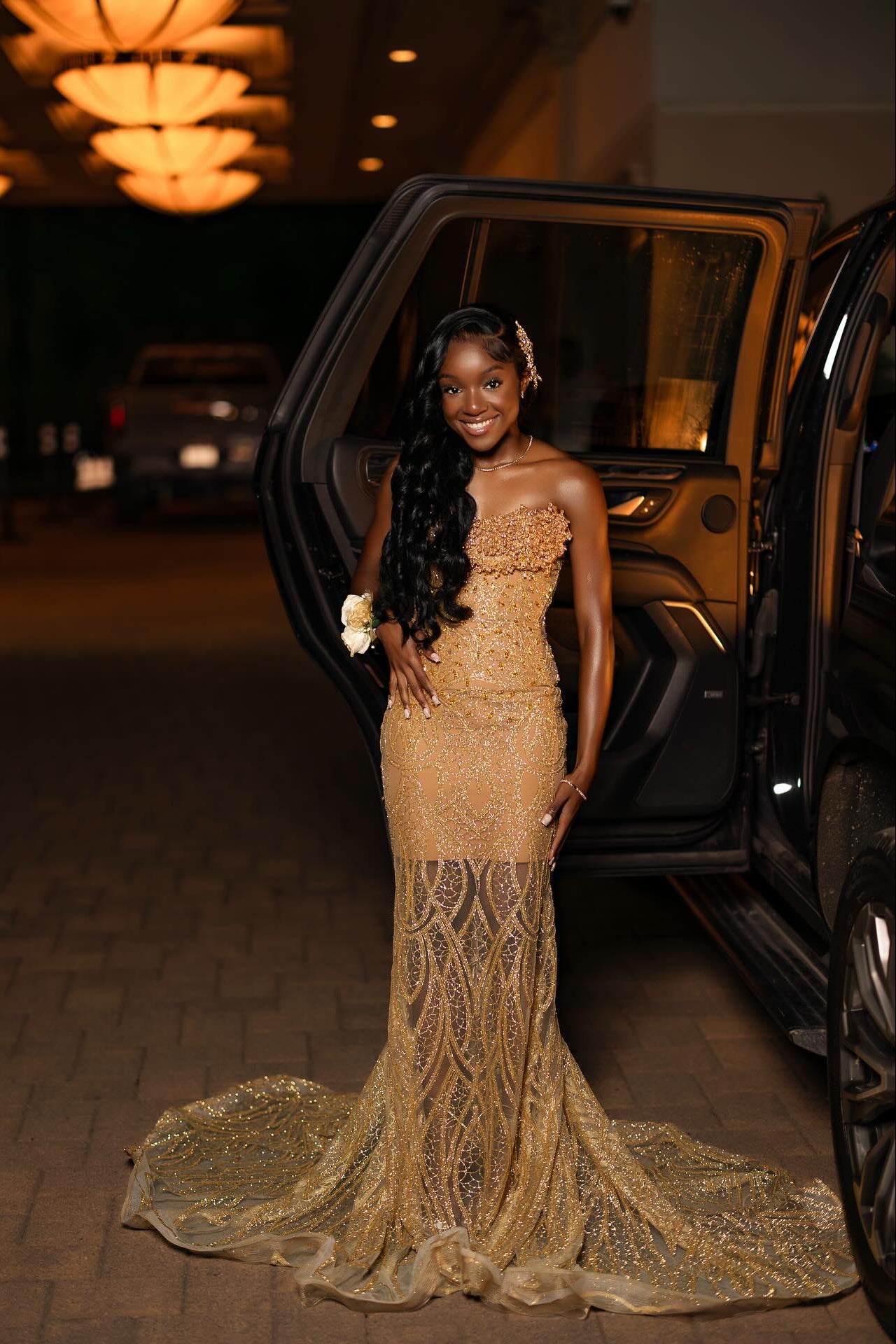 Designer Gold Strapless Sleeveless Mermaid Dress with Appliques and Sheer Train