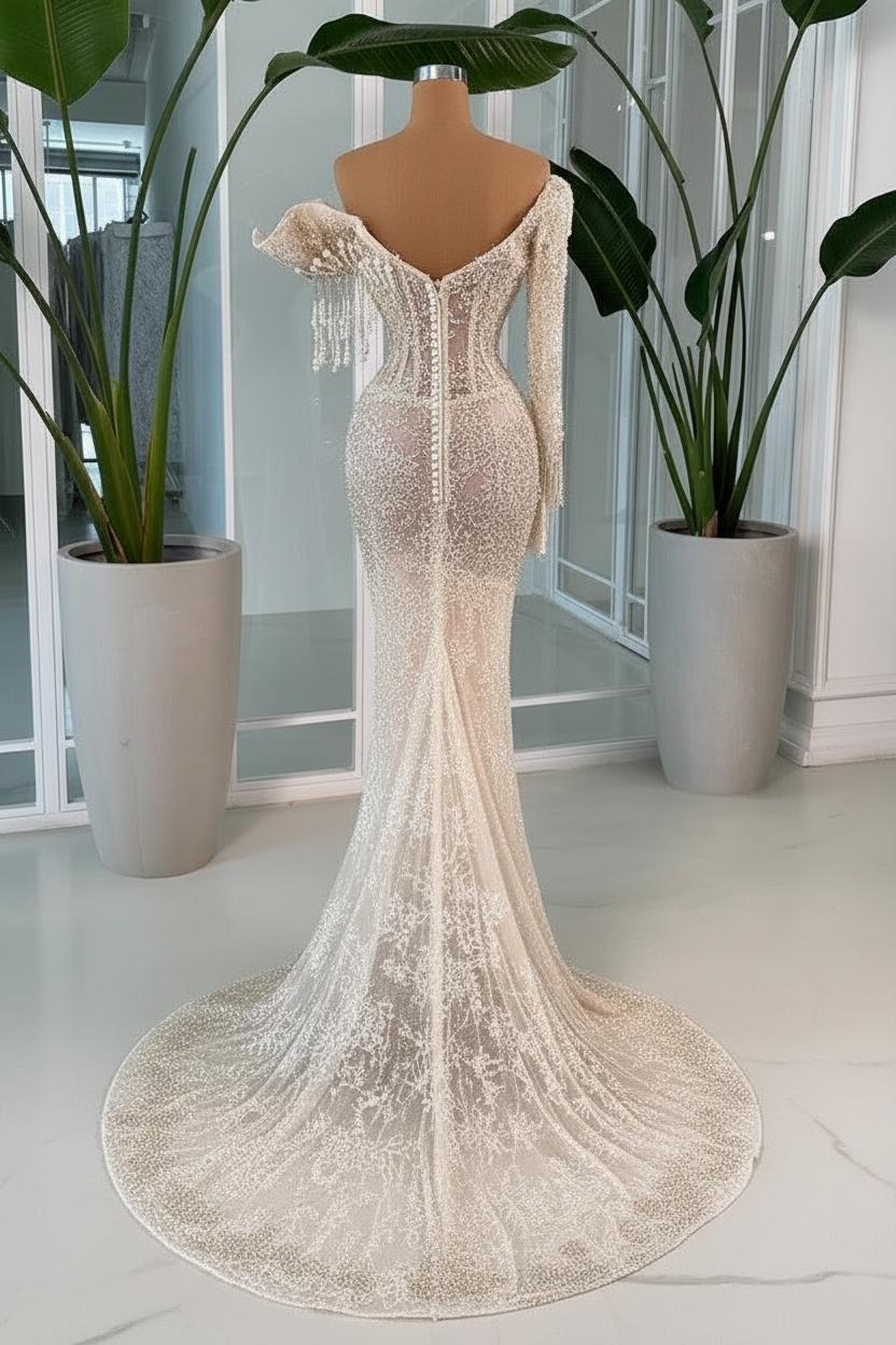 Designer Light Champagne V-Neck Long-Sleeve Mermaid Wedding Dress with Appliques and Beadings