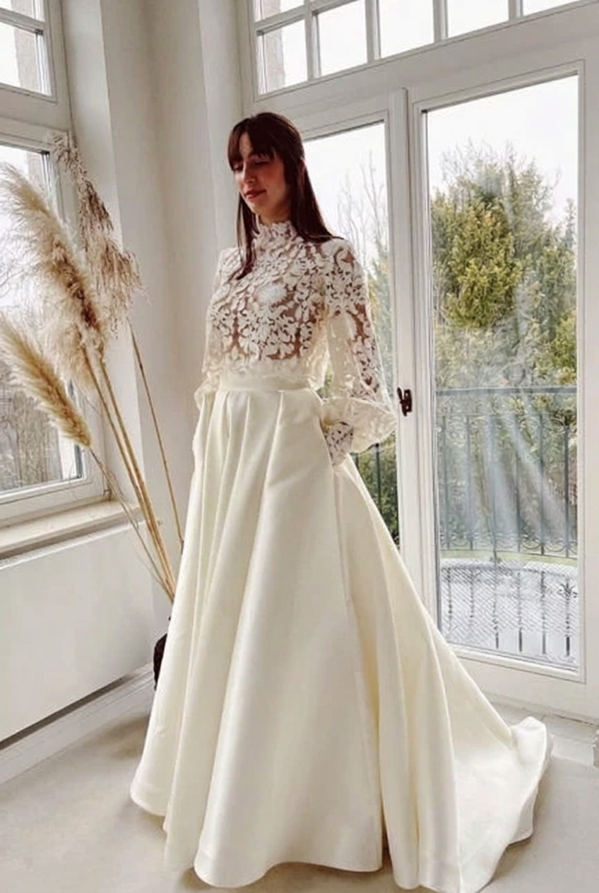 Ivory high neck lace a-line wedding dress