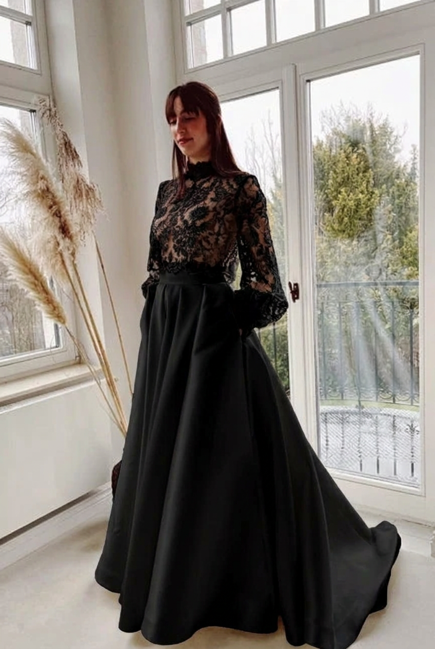 Black high neck lace a-line wedding dress