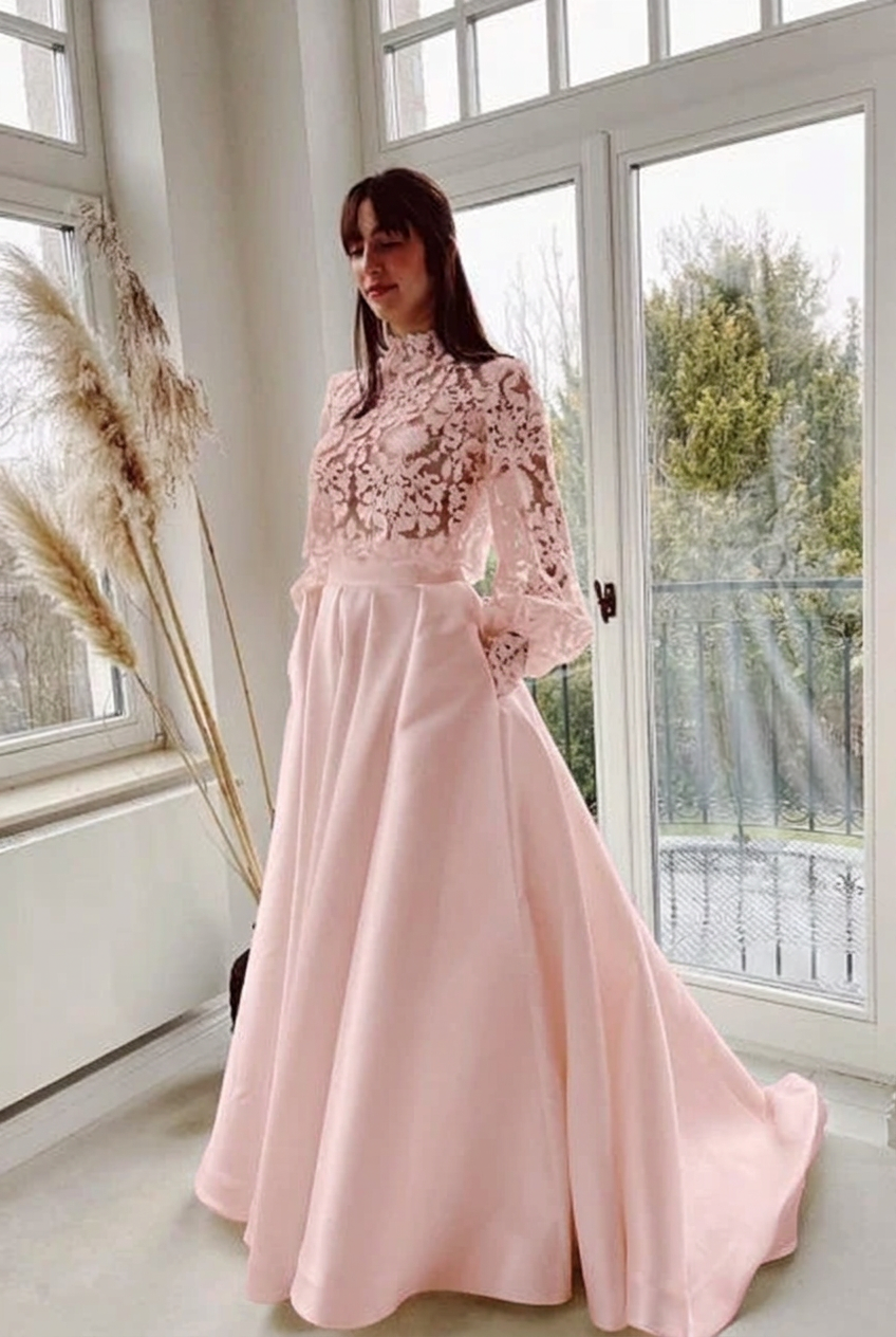 Blushing pink high neck lace a-line wedding dress