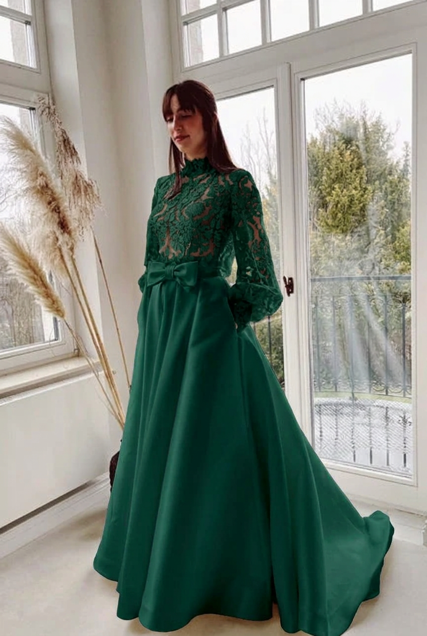 Dark green high neck lace a-line wedding dress