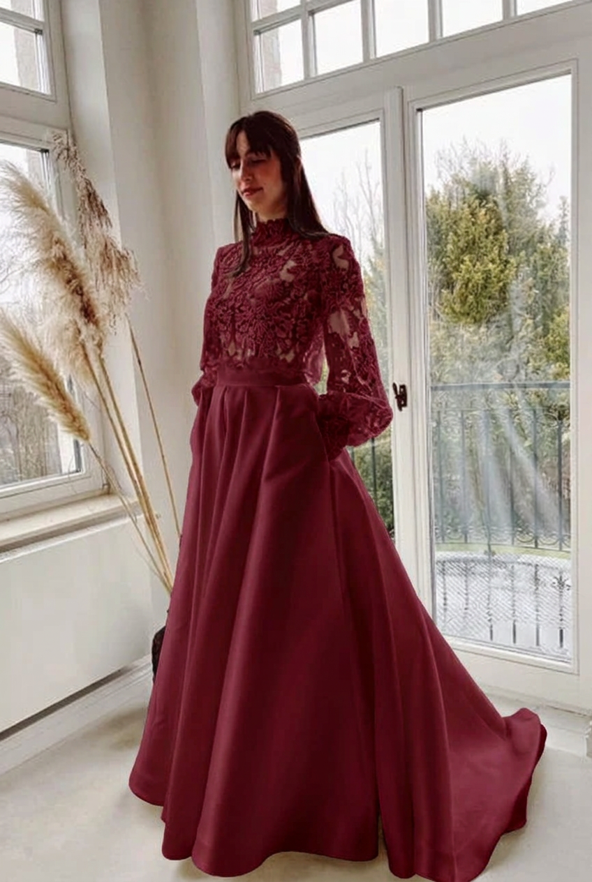 Burgundy high neck lace a-line wedding dress