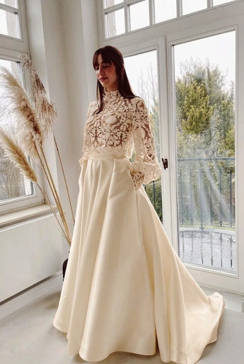 Champagne high neck lace a-line wedding dress