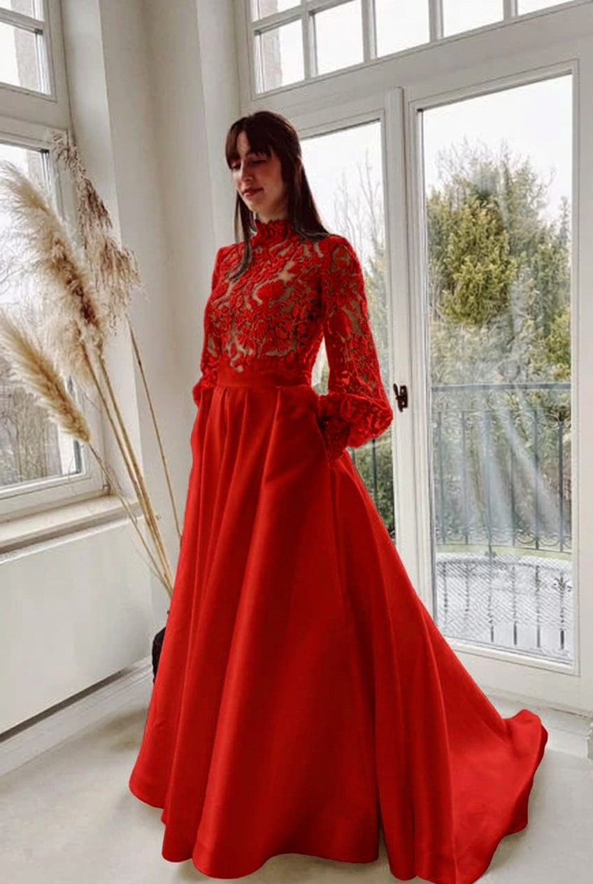 Red high neck lace a-line wedding dress