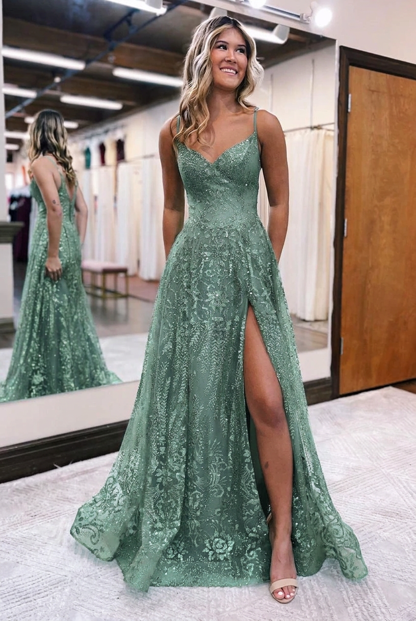 Dusty sage v-neck split-front A-line prom dress