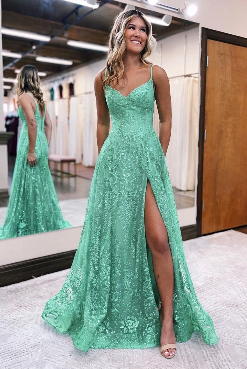 Mint green v-neck split-front A-line prom dress