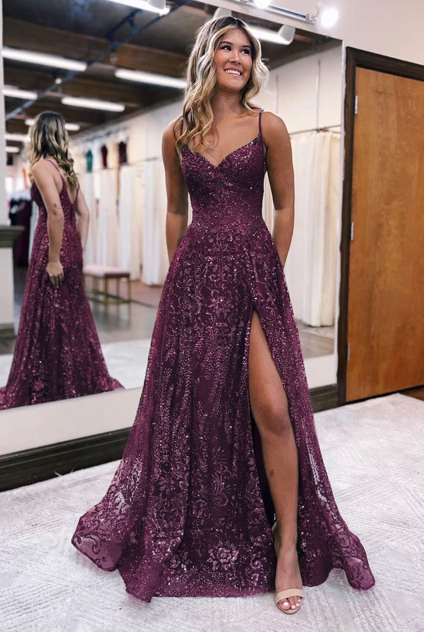 Grape v-neck split-front A-line prom dress